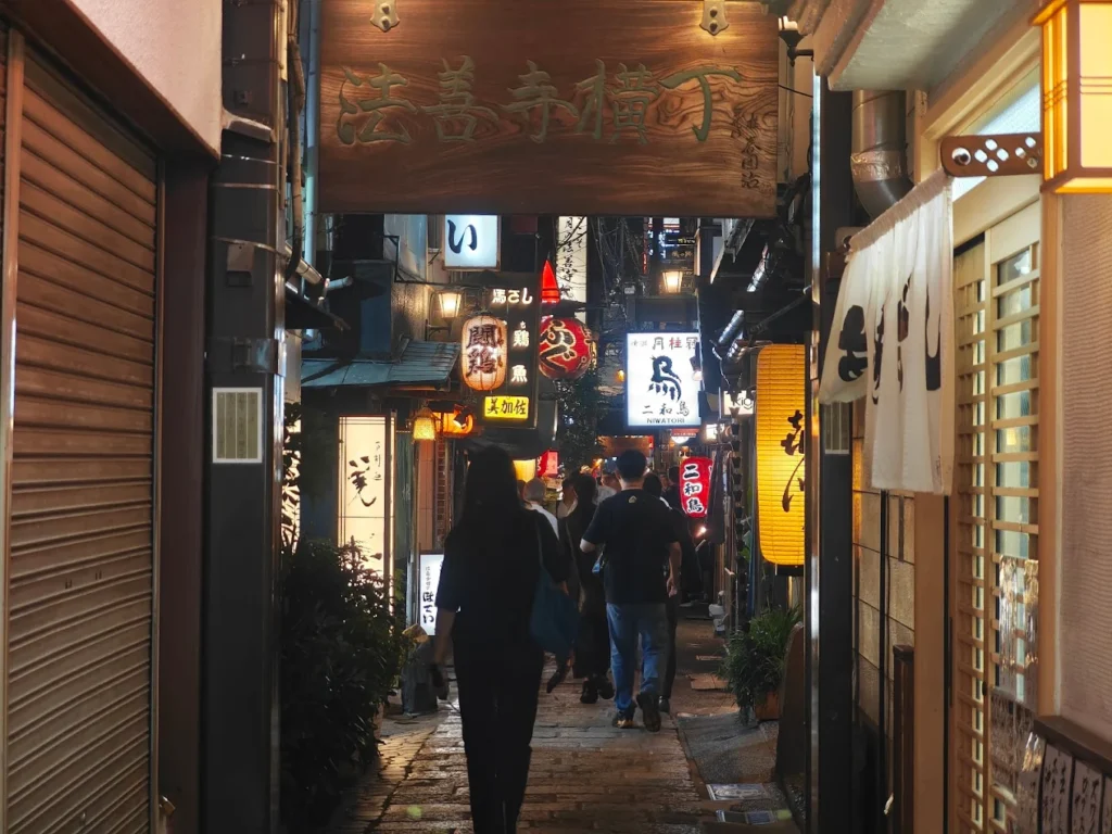 Petite ruelle pavée Hozenji Yokocho avec lanternes et izakaya traditionnels