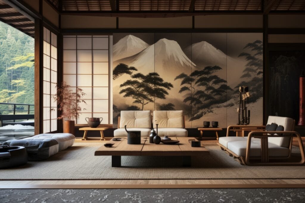 Intérieur d’un ryokan traditionnel au Japon avec futon et portes coulissantes en bois