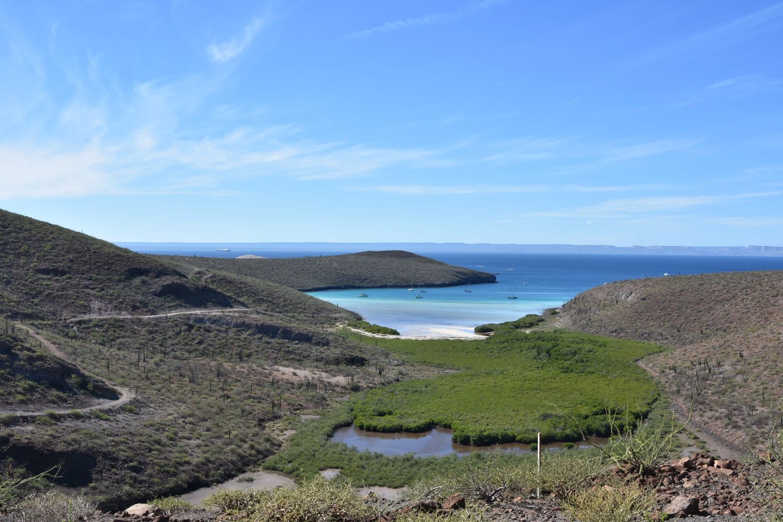 Roadtrip de 2 semaines en Basse-Californie : itinéraire complet 1 Vue aérienne de la route côtière désertique de Basse-Californie avec l'océan turquoise en arrière-plan
