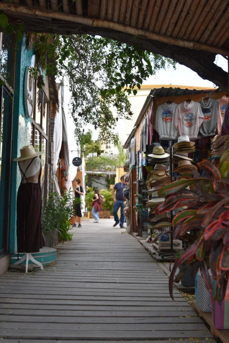 Marché artisanal de Todos Santos avec stands d'artisanat mexicain